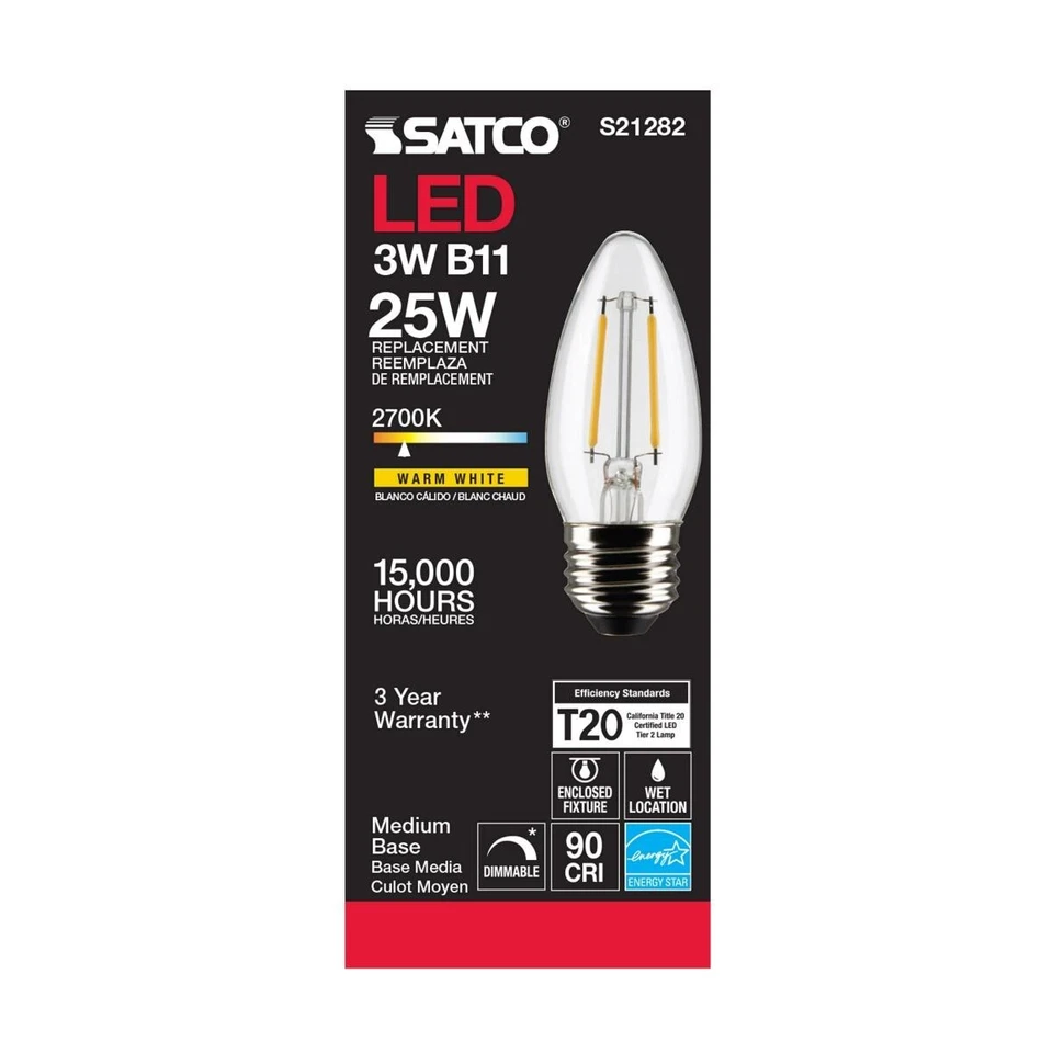 Satco S21282 - 3 Watt LED B11 Decorative Clear Light bulbs - 2700K - 6 Pack - Image 4 of 4