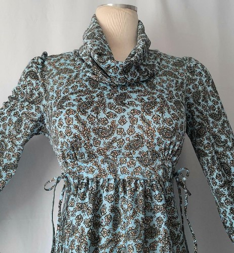 BOHO BORDERED BLUE FLORAL PRINT JERSEY Vintage 1970s Cowl Neck DAY DRESS - SM - Picture 4 of 9