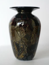 Signed Vintage Art Glass Vase Black & Gold Woods 6 1/4" H