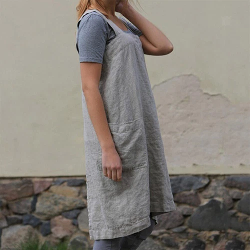 Damen Baumwolle Leinen Rückenschürze Kleid Damen Locker Hausmann Kochen Florist Neu - Bild 10 von 23