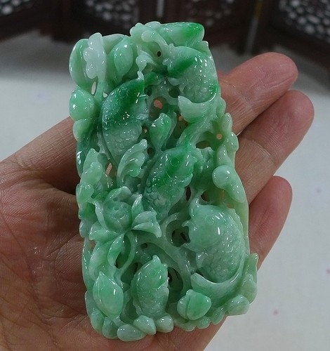Cert'd Fine Natural Type A Green Jadeite Jade Carp Lotus Flower Pendant 3974 - Picture 2 of 7