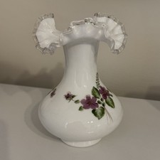 Fenton Decorative Vase Hand Painted Purple Floral with Ruffled Edge