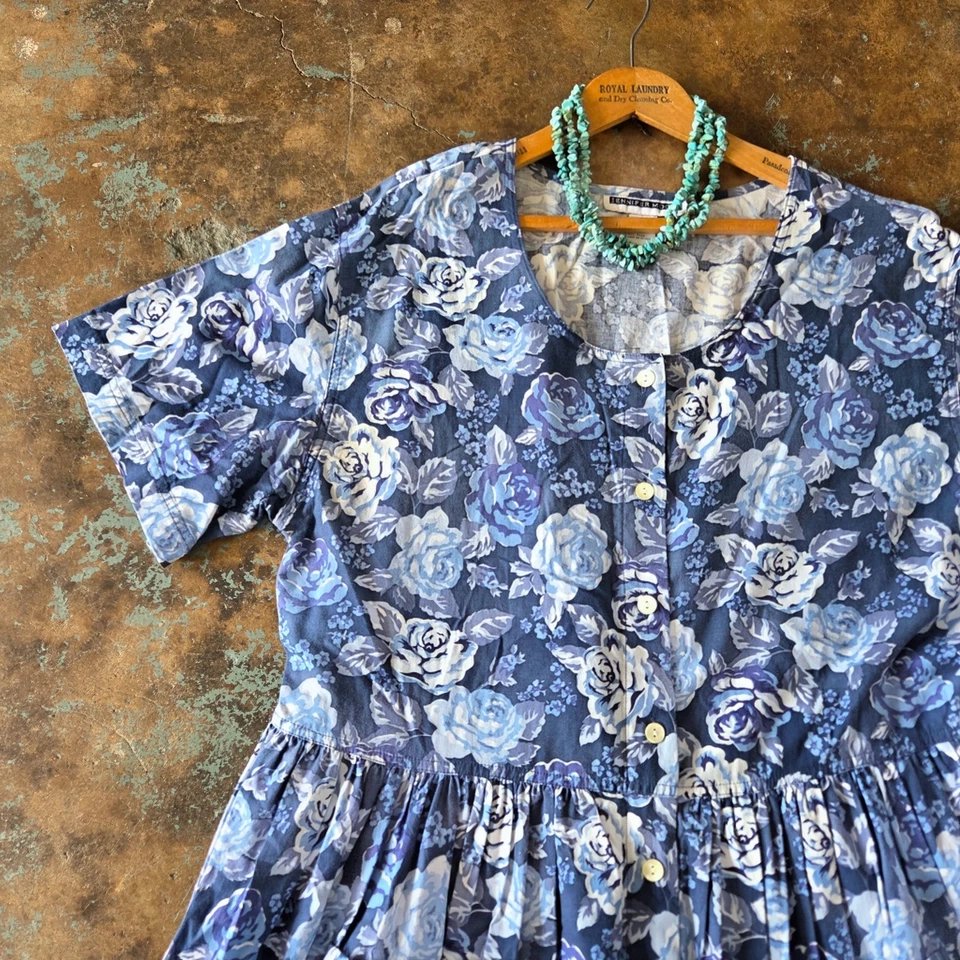 Vestido midi vintage años 90 estampado floral talla grande 1X rosas azules cottage grunge Foto 2 de 4