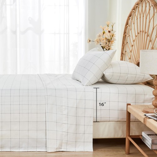 100% Baumwolle Karo Bettwäsche Set, weiß kariert, Queen Size mit tiefer Tasche Spannbetttuch... - Bild 3 von 7