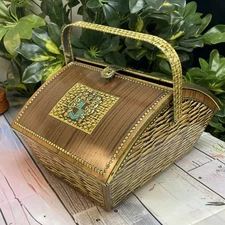 Vintage Victoria Tin Sewing Basket Faux Wicker Mid Century Storage Box