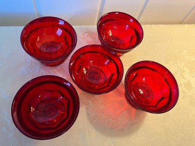 Vintage 5 VIKING GEORGIAN RUBY RED 6 oz DESSERT BOWL DISH HONEYCOMB Set