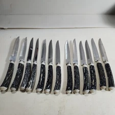 Stainless Steel Blade Steak Knives Faux Stag Horn Antler Handles Japan Set of 13