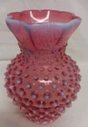 Vintage Fenton Cranberry Hobnail Vase Opalescent Octagonal Edge Clear Base 5.5"