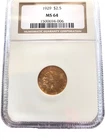 1929 $2.50 Indian Head Gold Quarter Eagle — NGC MS64 — Key Date
