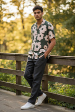 Denim  Flower Ricky Singh Hawaiian Button Down Shirt Men's M Green/Cream