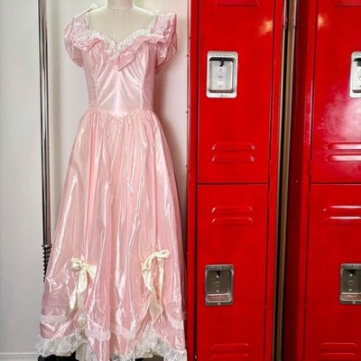 Gunne Sax Jessica McClintock Pink Satin Lace Bow Ruffle Gown Sz XS