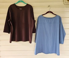 2 Denim & Co Perfect Jersey 3/4 Sleeve Tops ~ Denim Blue & Dk Brown ~ XL