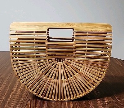 Beautiful Vintage Bamboo Half Moon Ark Bag Purse Clutch VGUC