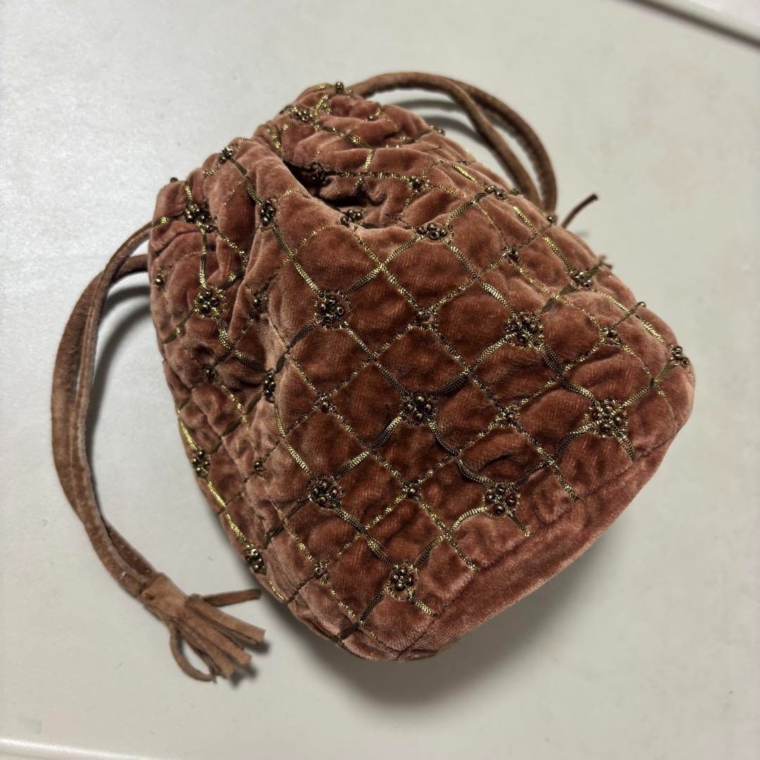 PRADA Velvet Drawstring Bag Beaded Pouch Vintage Brown party bag
