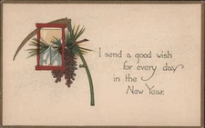 Year/Father Time Year's Wish with Hourglass,Scythe,and Pine Cones Vintage PC