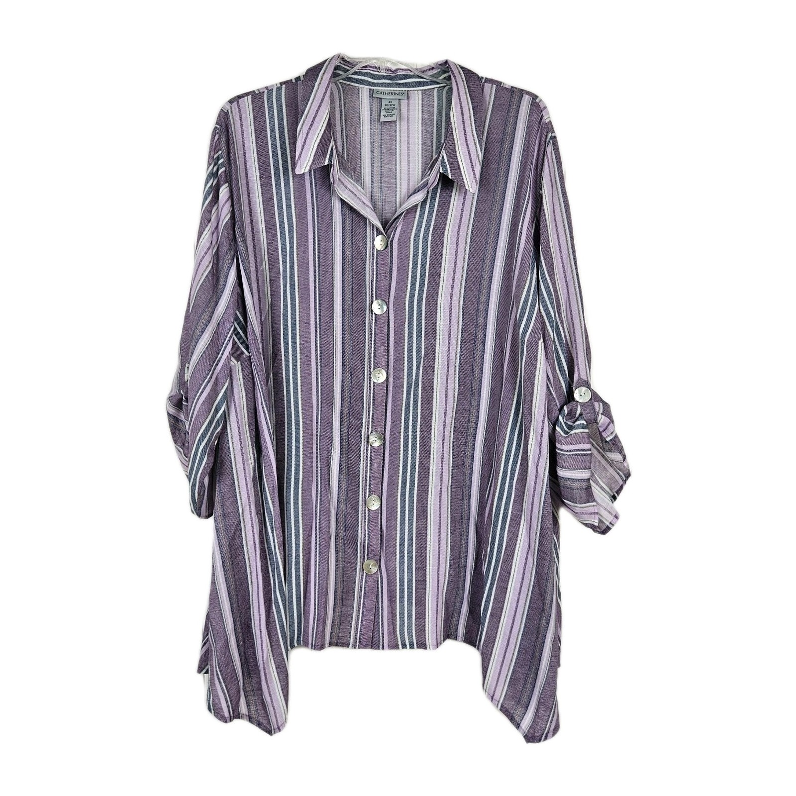 Catherines Shirt Purple Stripes Button Up 3/4 Sleeves Lightweight Breathable 4x