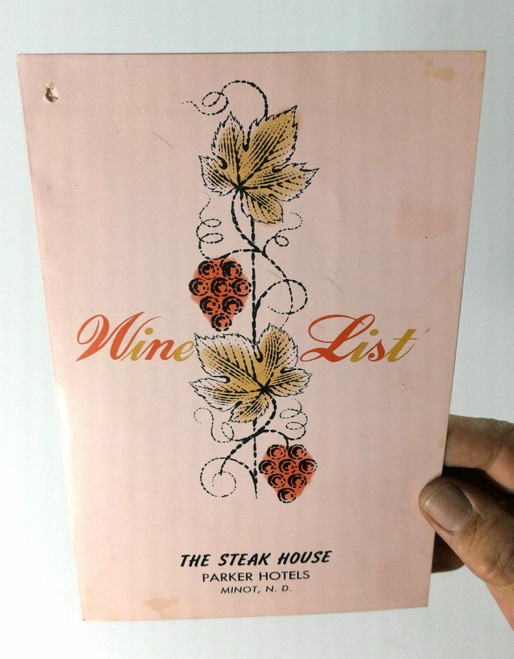 1960's Vintage WINE LIST Menu THE STEAK HOUSE Parker Hotels Minot North