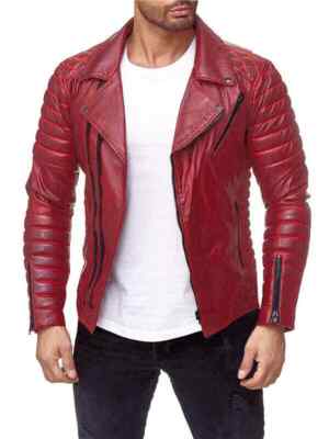 Herren Kunstleder Jacke Elegant Rot Zip Slim Herrenmode Slim 1095