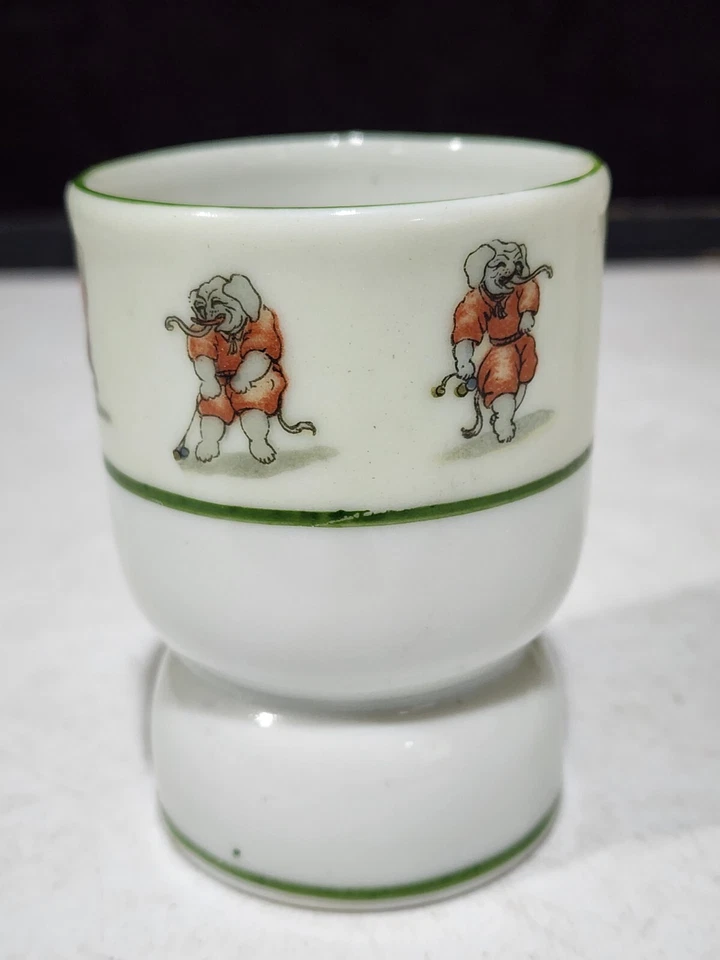 ANTIGUA TAZA DE HUEVO DOBLE GRANDE DE PORCELANA NIPÓN ELEFANTES JUGANDO DEPORTES Foto 3 de 4