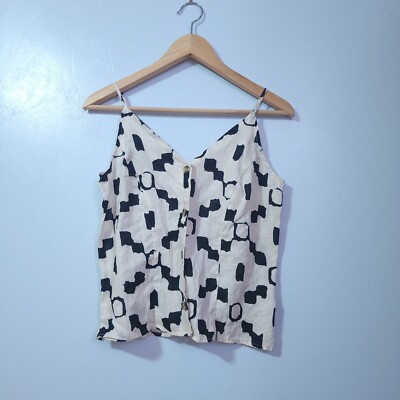H&M Button Up Strappy Black White Geometric Linen Tank Top Womens