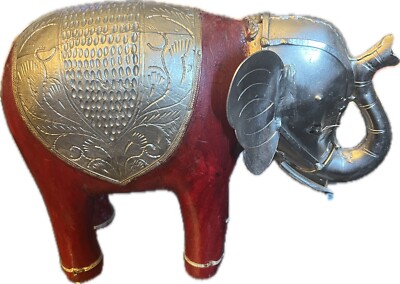 Elephant Red Hammered Silver Back Head Engraved Wood Painted 7x9''