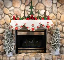Embroidered Classic Christmas Poinsettia Mantel Scarf (19" x 90")