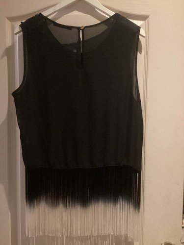 Ladies Black Chiffon Vest With Black Ivory Fringes At Hem Size 18. - Picture 5 of 6