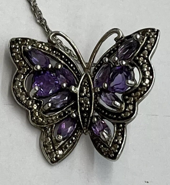 VINTAGE STERLING SILVER PURPLE TOPAZ BUTTERFLY NECKLACE W