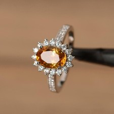 3Ct Oval Lab-Created Yellow Citrine Halo Engagement Ring 14K White Gold Plated