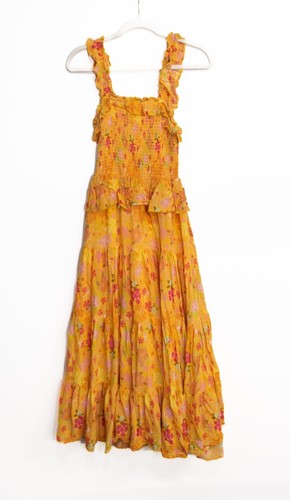 Vintage-Inspired Yellow Smocked Floral XS Maxi Dress W/ Ruffle Straps & Tiered