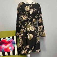 J Crew Black Floral Long Sleeve Elastic Waist Dress 4 Work Cocktail