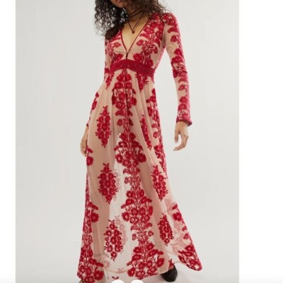 NWT For Love & Lemons Temecula Maxi Dress Barberry Red Free People ($298) SZ SM