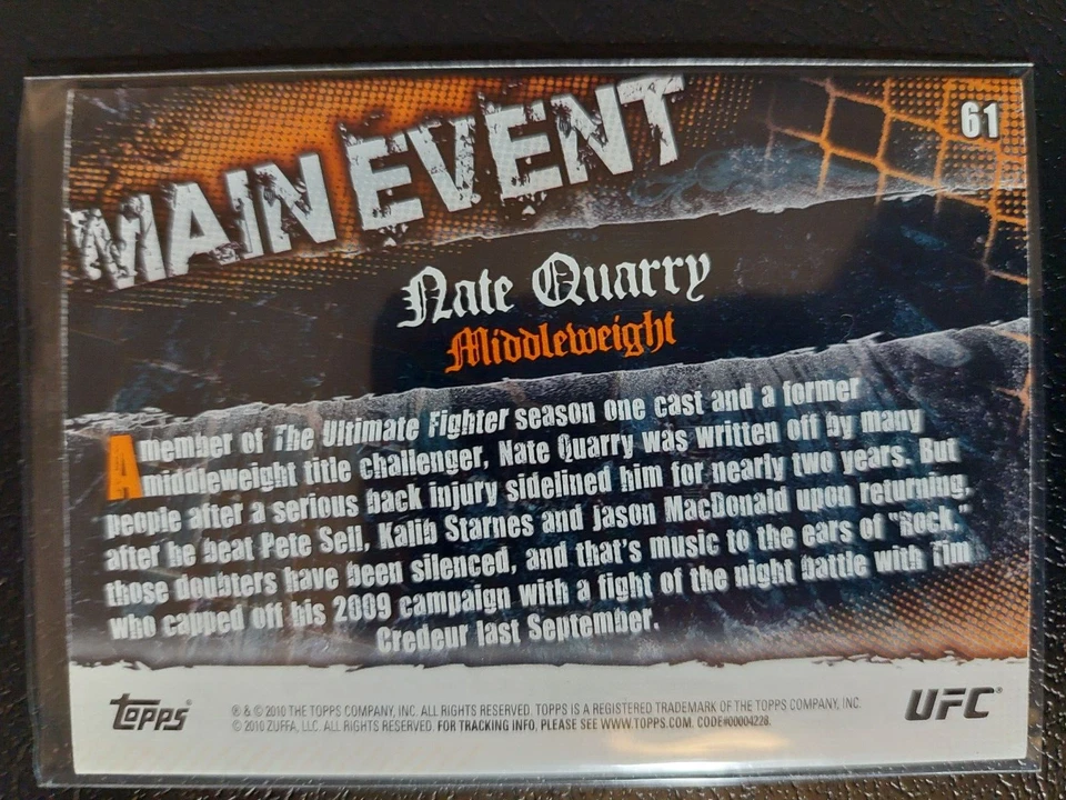 Nate Quarry #61 2010 UFC Main Event Thick Gold Parallel - Image 2 of 2