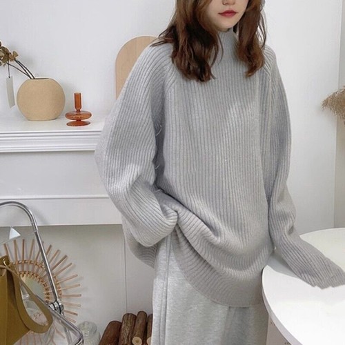 Women Half High Neck Pullover Loose Knitted Sweater Long Sleeves Jumper Tops - Bild 9 von 12