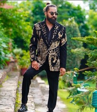 Men Designer 2Pc Black Customized House Embroidered Western Cocktail Outfit