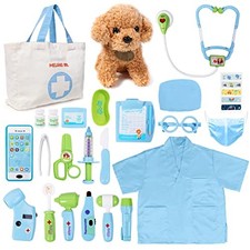 Toy Doctor Kit for Kids - Pretend Play Doctor Set with Dog Toy, Blue with Doll