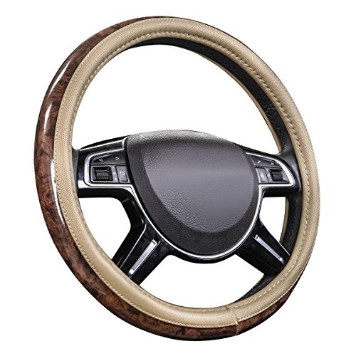 Wood Grain Microfiber Leather Steering Wheel Cover, Universal Fit for 14 1/2
