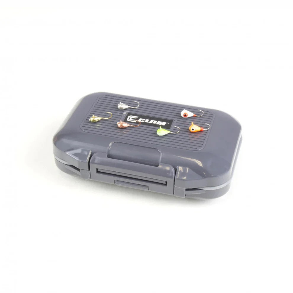 Clam 1/32 oz Tungsten Drop Jig Ice Fishing Kit - (6) Jigs and Small Jig Box NEW