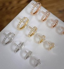 18K Solid Gold Lab Created Diamond Cross Huggie Hoop Single Earring Cartilage