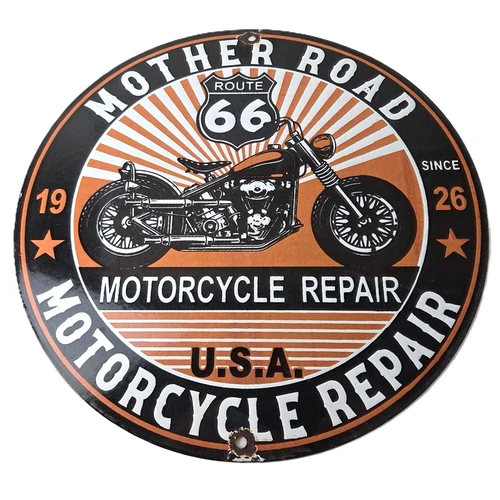 Vintage US Route 66 Sign - Porcelain Motorcycle Repair Gas Pump Sign