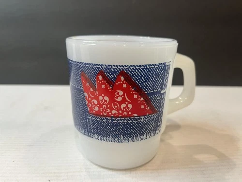 Vintage Fire King Milk Glass Mug Blue Denim Jeans Red Bandanna Anchor Hocking
