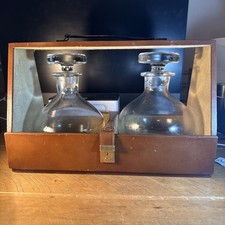 Unusual Vintage French Leather Cased Two Decanter Tantalus In Good Vintage Cond 