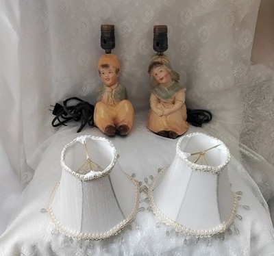 Vintage Dutch Figures Girl With Bonnet & Boy Wearing Hat Electric Table Lamps