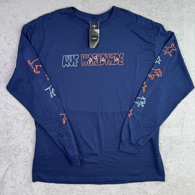 HUF Fetch T-Shirt Mens XL Navy Printed Artwork Cotton Long Sleeve Regular Fit