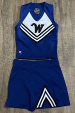 Child Cheerleader Uniform Outfit Halloween Costume 30 Top 24 Skirt Blue READ
