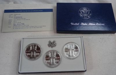 1984 Olympic Silver Dollar P D & S Uncirculated 3 Coin Set Box 