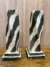 2 Candlesticks Handmade Pottery Studio Black & White (Zebra) Striped  signed
