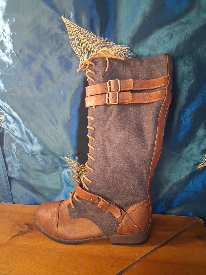 竹制女式蓝色/灰色及膝系带棕色扣靴 5.5 码 — 第 2/4 张图片