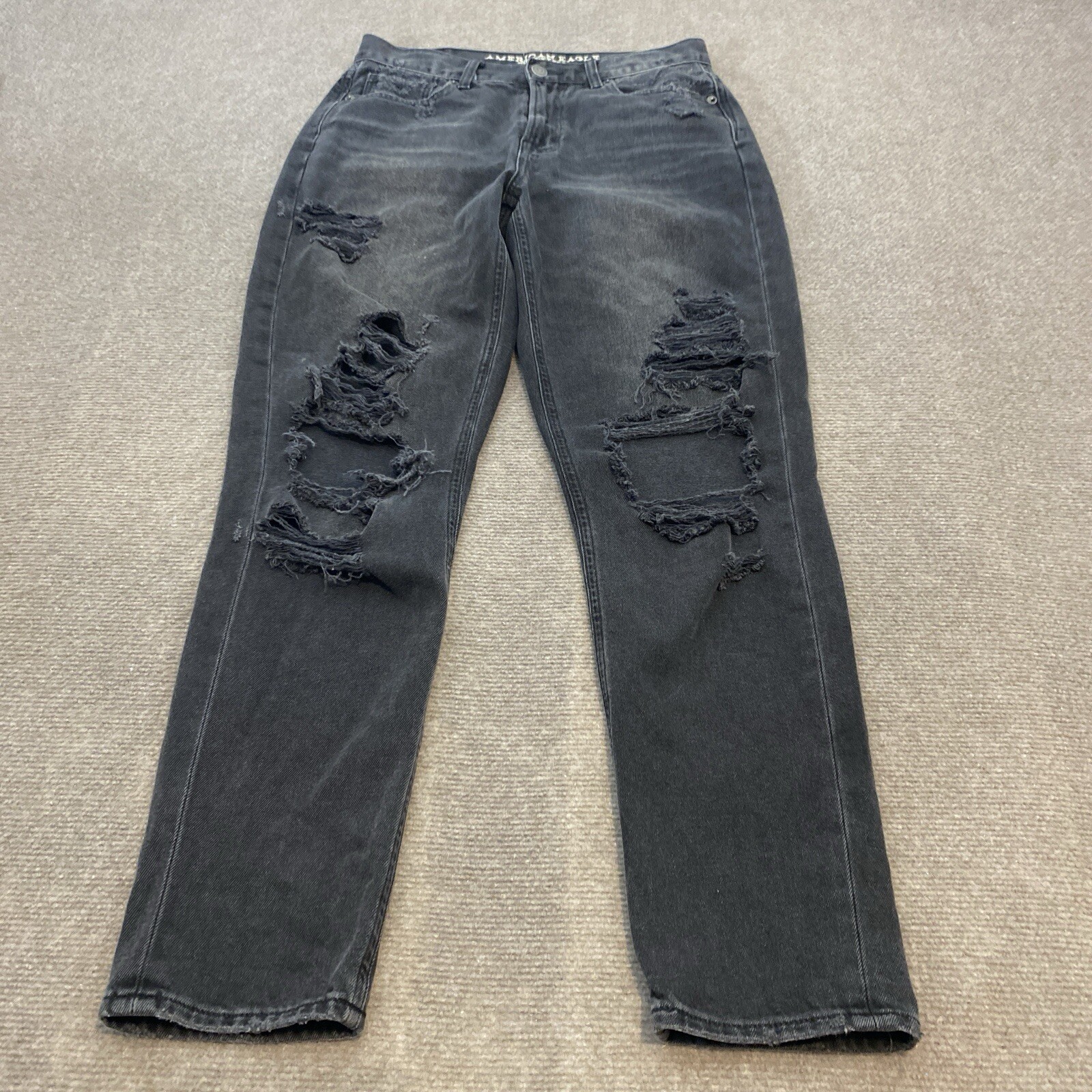 American Eagle Jeans Women's 2 Mom Jean Denim Faded Black Distressed High Rise