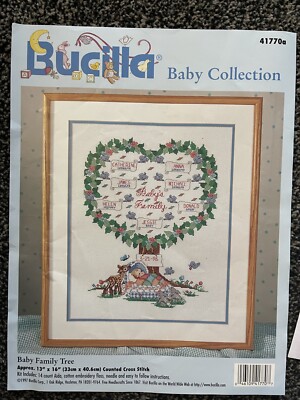 Bucilla 41770a Kreuzstichkarte NUR ''Baby Stammbaum'' 14 Stück Aida 13 ''x16''